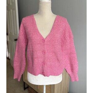 Chunky Cable Knit Cardigan Sweater 4 Button Short Crop Women's Size Medium Pink